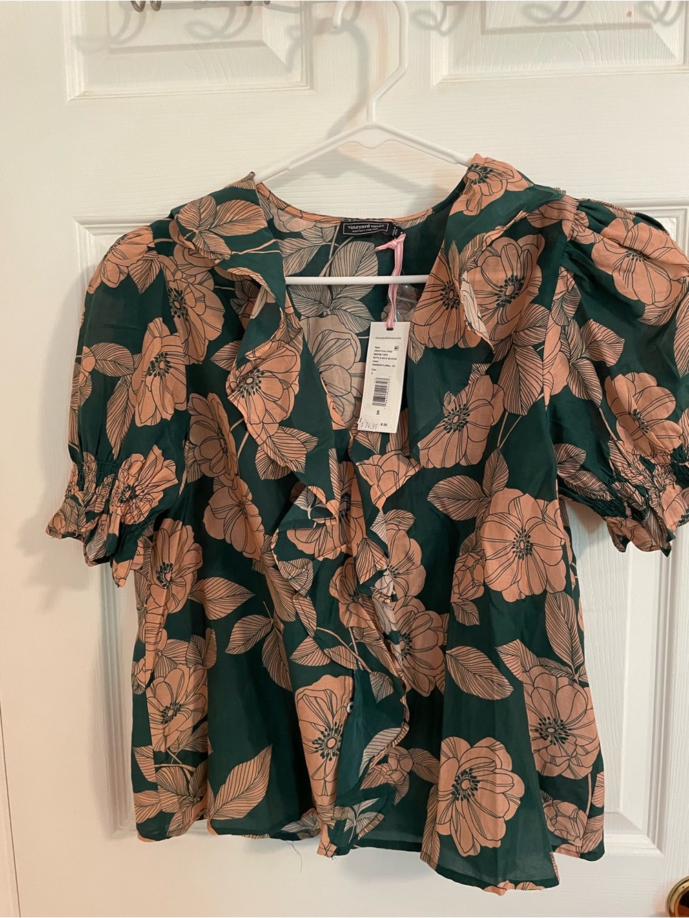 Vineyard Vines Green Blouse with Peach Floral Print